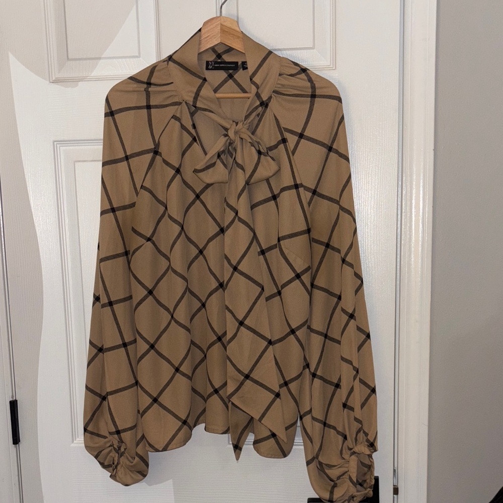 New York & Co Tan Checkered Blouse with Bow - XL